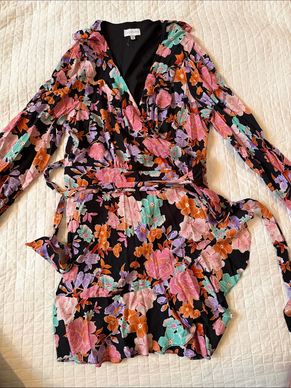 Lucy Paris Black Floral Long-Sleeve Wrap Dress